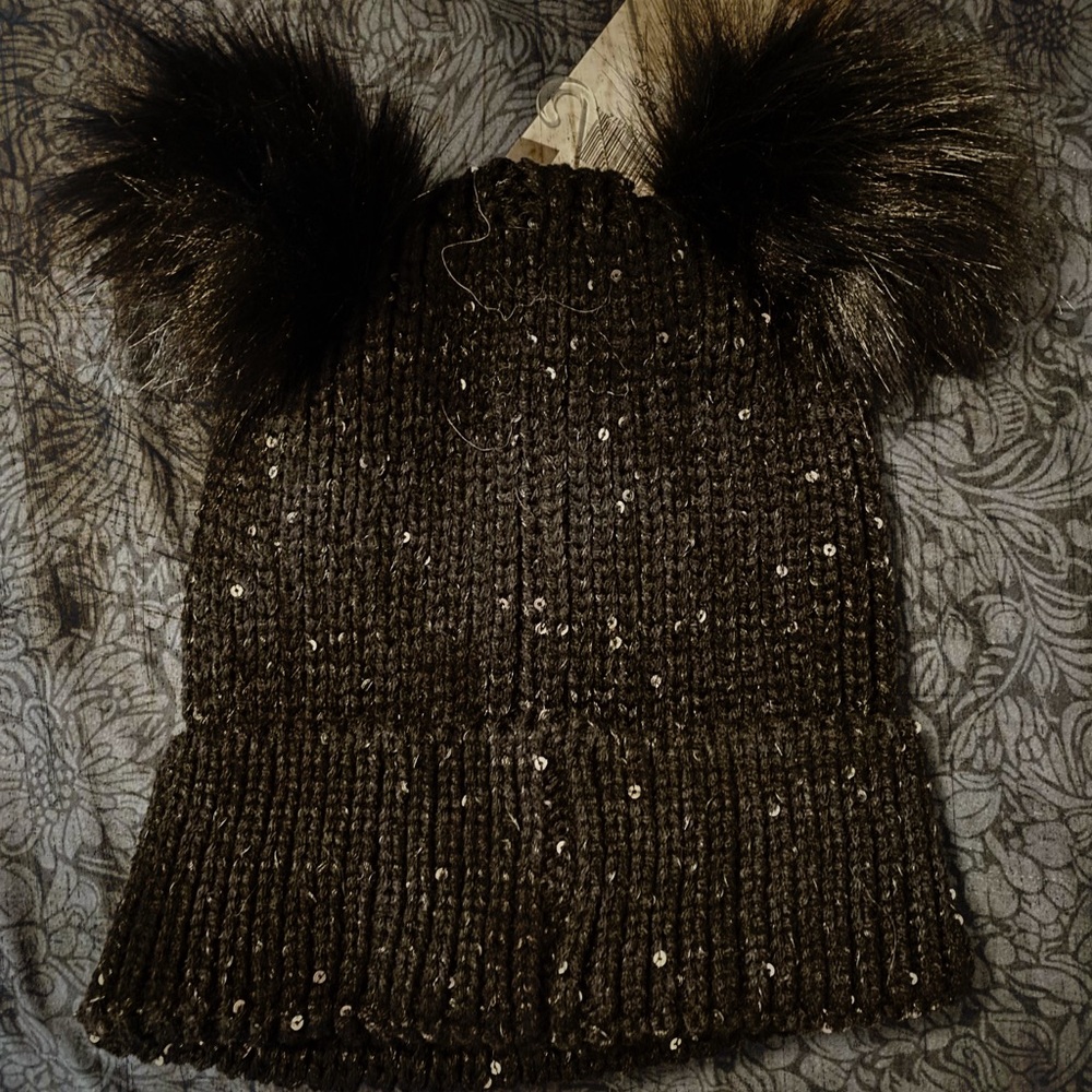 Scala Black Sequin Mickey Mouse inspired Beanie with Faux Fur Pom